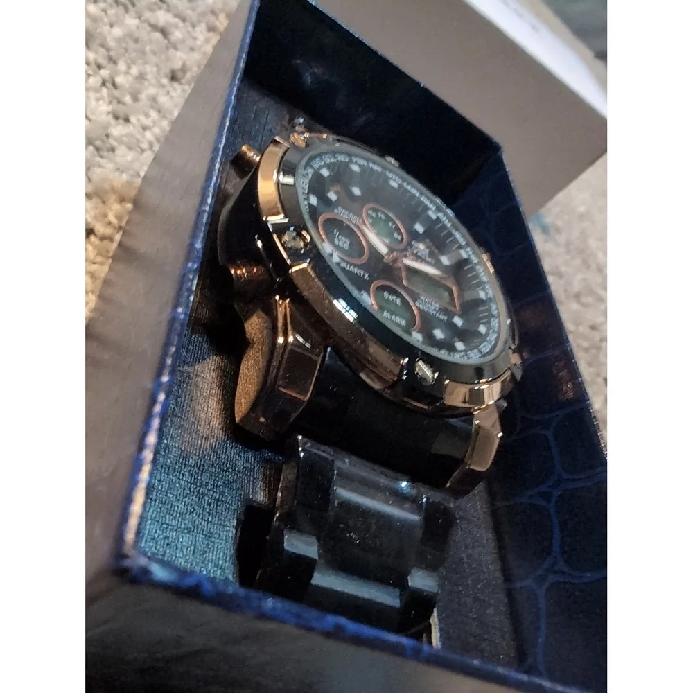 Stauer Quartz Digital Analog Black Rose Gold Tone Mens Wristwatch w/Box Chrono‎